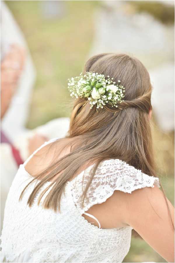 Close-up portrait shot taken from behind of a woman, likely the bride or a bridesmaid, wearing a white lace dress with flutter sleeves and a tie-back detail. Her medium-length brown hair is styled in a half-up, half-down arrangement with a floral hair accessory featuring baby's breath and small ivory rose buds tucked into a twisted section at the back of her head. The styling reflects a boho aesthetic with natural, organic floral details. The background is softly blurred with hints of an outdoor ceremony setting and other guests visible.