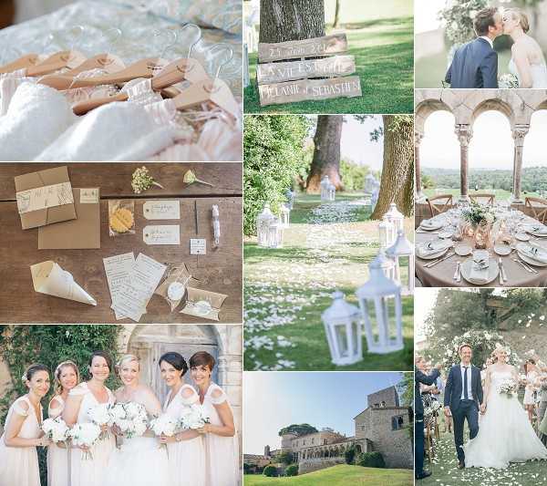 A collage of nine wedding photographs from a French wedding, styled in a soft, neutral palette of ivory, blush, and taupe with rustic-romantic details. Top left: a close-up detail shot of white bridal gowns hanging on wooden hangers with ribbon. Center top: an outdoor ceremony aisle on a green lawn lined with white lanterns and scattered white flower petals, with a hand-painted wooden welcome sign reading the couple's names 'Mélanie et Sébastien' tied to a tree. Top right: a portrait of the couple kissing, the groom in a navy suit and the bride in a strapless white gown, shot under a stone archway with a scenic countryside view behind them. Middle left: a flat lay of kraft paper wedding stationery including invitations, tags, a small white floral stem, and paper cones on a wooden surface. Middle right: a round reception table set under a stone colonnade with taupe linen, rose gold chargers, crystal glassware, and a low white floral centerpiece, with an open landscape visible beyond the arches. Bottom left: a group portrait of the bride and four bridesmaids standing in front of a stone doorway; the bride wears a white strapless gown and the bridesmaids wear ivory or soft blush V-neck dresses, all holding white bouquets of roses and greenery. Bottom center: a wide exterior shot of a large stone chateau or manor house with manicured grounds. Bottom right: the couple walking back up the aisle after the ceremony while guests throw white flower petals, the groom in a navy suit and the bride in a full white ballgown. Potential venue feature image.