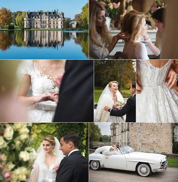 A collage of seven wedding photographs from a French château wedding. Top left: a wide exterior shot of a large French château reflected in a calm lake, surrounded by autumn trees — Potential venue feature image. Top right: an indoor getting-ready scene showing the bride seated at a mirror while two attendants style her hair, with pink and white floral arrangements visible in the background. Middle left: a close-up detail shot of a ring exchange during the ceremony, showing the groom placing a ring on the bride's finger, with the bride wearing a beaded ivory lace gown. Middle right: an outdoor portrait of the smiling bride in a full ball gown with intricate beading and a cathedral veil, wearing a white fur wrap and holding a bouquet of pink and white blooms, standing with a guest or groom in a black suit against an autumn garden backdrop; paired with a close-up detail of the back of the beaded ivory ball gown. Bottom left: a couples portrait outdoors with the bride in a deep V-neck beaded ivory gown and long veil, and the groom in a black tuxedo, framed by blush pink and ivory garden roses in soft focus. Bottom right: the bride seated in a vintage white Mercedes-Benz 190SL convertible parked alongside the stone exterior of the château, wearing her veil and gown.