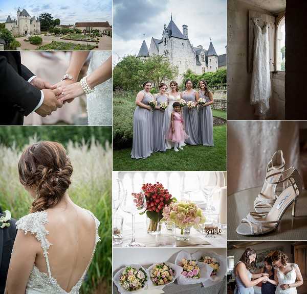 A nine-image collage showcasing various moments from a French château wedding. The top-left wide shot shows a classic French château with formal manicured gardens, identifiable as a Loire Valley–style property with white stone architecture and pointed turrets — Potential venue feature image. The top-center image shows four bridesmaids in floor-length dusty silver-grey chiffon dresses holding small bouquets of cream and blush flowers, accompanied by a young flower girl in a pink dress, posing on the lawn in front of the château. The top-right image shows the bride's white gown hanging in a stone window frame, backlit by natural light. The middle-left close-up detail shows the couple holding hands, with the bride wearing a pearl bracelet and a lace-sleeved gown. The center-left portrait shows the bride's back, revealing a low-cut cap-sleeve lace wedding dress with intricate beading, her brown hair styled in a loose updo with a small floral pin. The center image shows a reception table detail with a tall vase of red and blush flowers alongside a smaller arrangement of green and blush hydrangeas, with a small 'bride' place card visible. The center-right close-up shows strappy ivory heeled sandals placed on a reflective surface. The bottom-center flat lay shows three wrapped bridal bouquets of blush, peach, and cream roses. The bottom-right image shows the bride being helped into her dress by two attendants in a stone-walled interior room.
