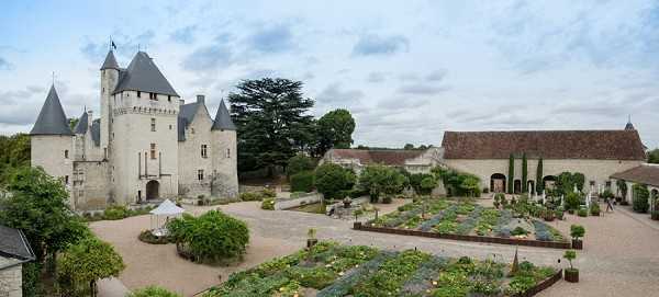 Wide-angle aerial-style panoramic shot of a French chateau complex showing the full property grounds. The chateau features multiple round towers with dark slate conical roofs and white stone facade. In the foreground, a formal parterre garden is laid out in geometric raised beds filled with dense plantings, bordered by gravel pathways and trimmed topiary. A long stone outbuilding with a tiled roof runs along the right side of the courtyard. A small white tent or canopy structure is visible near the chateau entrance, and one or two figures can be seen in the distance near the outbuilding. No wedding party or ceremony activity is prominently visible in this shot. Potential venue feature image.