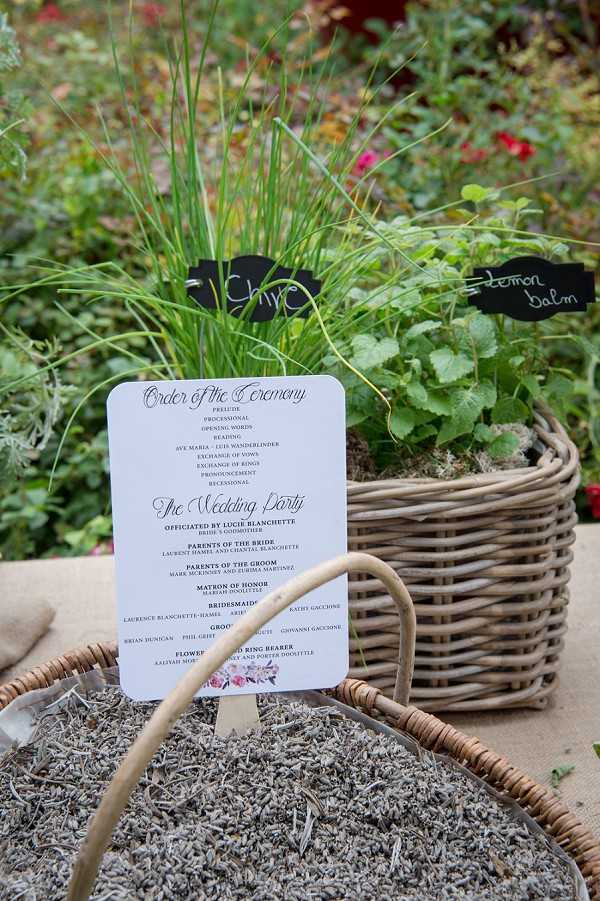 Close-up detail shot of a wedding ceremony program fan displayed outdoors, propped up against a wicker basket planted with labeled herbs including chive and lemon balm, with small black chalkboard markers identifying each plant. In the foreground, a second wicker basket is filled with dried lavender. The program is printed in a script and serif font combination, titled 'Order of the Ceremony' and 'The Wedding Party,' with a small floral illustration near the bottom. The styling has a rustic, garden-herb aesthetic, using natural materials — wicker, dried lavender, and potted herbs — as decor elements for the ceremony stationery display.