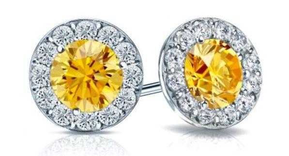 14k White Gold Round Yellow Diamond Stud Earrings