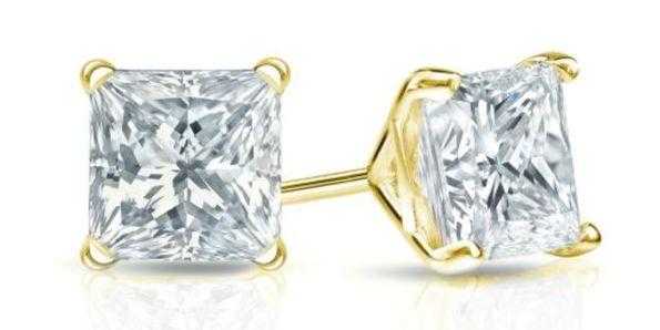 Certified 14k Yellow Gold 4 Prong Martini Princess Cut Diamond Stud Earrings