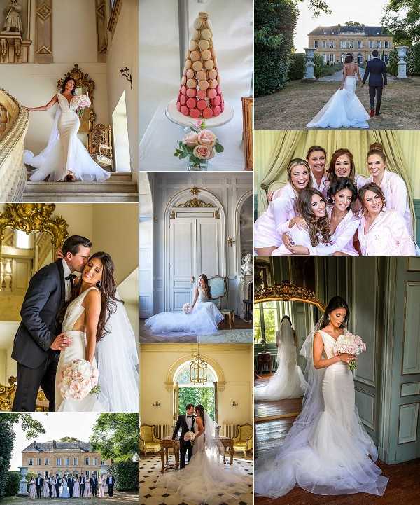 A nine-image collage from a French chateau wedding featuring a consistent bride in a fitted white V-neck gown with a tulle skirt and cathedral-length veil, and a groom in a black tuxedo with bow tie. Images include: the bride posing on ornate gilded interior stairs holding a blush pink bouquet of roses; a macaron tower cake in ombre pink-to-white tones decorated with blush roses on a white cake stand; the couple walking away toward a classic French chateau exterior surrounded by grounds; five bridesmaids in light pink satin robes grouped together laughing during getting-ready preparations; the bride seated near tall white panelled doors in a pale interior room holding her bouquet; the couple embracing in front of a large gilded mirror on an ornate interior staircase; the couple standing together in a grand arched doorway with black-and-white tiled floors and gold chandelier; the full wedding party of approximately twelve people posed on chateau grounds with bridesmaids in light pink dresses and groomsmen in dark suits; and a close portrait of the bride holding her blush rose and white bouquet in a sage-green panelled chateau interior room. The overall styling theme is classic French chateau with a blush and white palette throughout. Potential venue feature image.