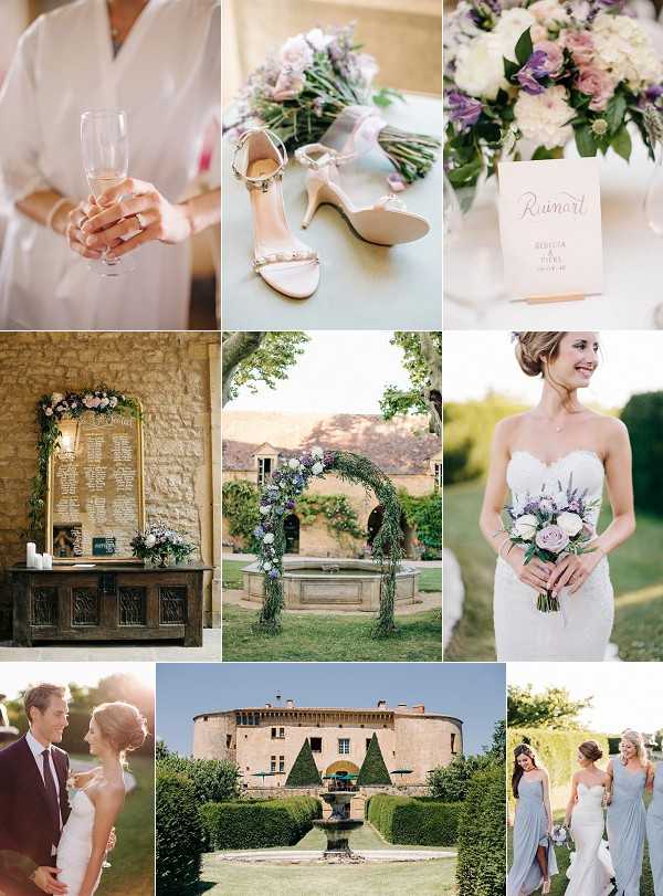 A nine-image collage showcasing various elements of a French chateau wedding with a lavender, mauve, and soft white color palette. Getting-ready details include a bride in a white robe holding a champagne flute, nude ankle-strap heeled sandals beside a bouquet of lavender and blush flowers wrapped in ribbon, and a floral centerpiece with blush dahlias, purple lisianthus, and white blooms next to a Ruinart champagne branded card. A gilded mirror seating chart is displayed against a stone wall, decorated with small floral arrangements in the wedding palette. A circular ceremony arch covered in cascading greenery and purple and white blooms stands in a courtyard beside a stone fountain. A portrait shows the bride in a strapless lace gown holding a bouquet of blush garden roses, white blooms, and lavender sprigs. The bottom row features a close-up portrait of the couple with the groom in a burgundy tie, a wide exterior shot of a classic French chateau with formal topiary hedging and a central fountain, and a candid shot of the bride walking with three bridesmaids in floor-length dusty blue-grey chiffon gowns. Potential venue feature image.