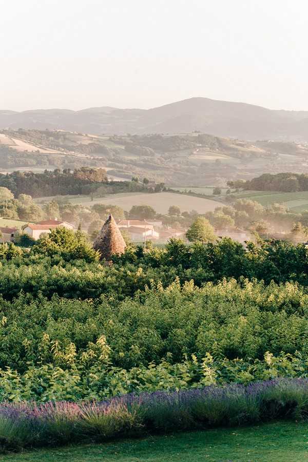 Wide landscape shot of a French rural property at golden hour, showing a distinctive conical stone tower — likely a traditional pigeonnier or dovecote — rising above dense gardens that include a row of purple lavender in the foreground. The grounds extend into rolling hills, farmhouses, and forested valleys in the middle distance, with a soft haze over a mountain range in the background. No people or wedding subjects are visible in this frame. Potential venue feature image.