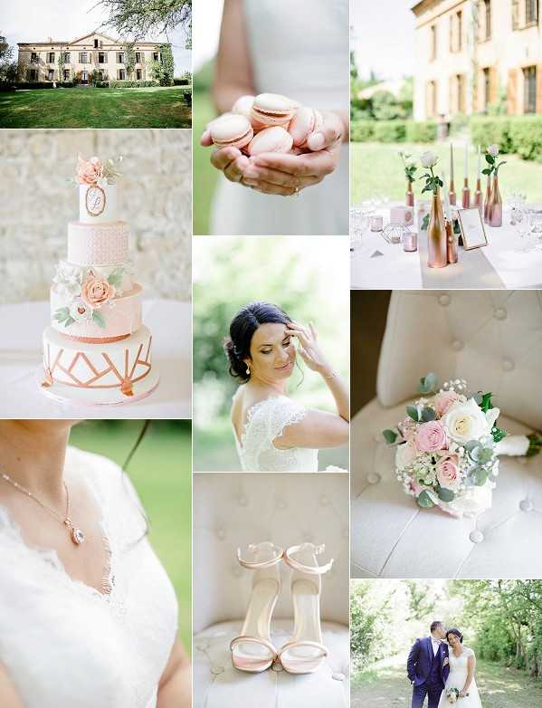 A nine-image collage showcasing a French château wedding with a blush pink and rose gold color palette. The collection includes: an exterior shot of a classical two-story French château with manicured lawns; a close-up of a bride's hands holding blush pink macarons; a tablescape detail featuring rose gold metallic bottles used as single-stem vases with blush taper candles and glassware; a three-tier wedding cake in white and blush pink with geometric rose gold line detailing and sugar roses in peach and ivory; a portrait of the dark-haired bride in a short-sleeved lace wedding dress adjusting her hair outdoors; a close-up detail of the bride's décolletage showing a delicate rose gold pendant necklace against lace fabric; a flat-lay detail of blush rose gold strappy heeled sandals on a cream tufted chair; a close-up of a bridal bouquet featuring blush pink and ivory roses with eucalyptus and baby's breath resting on a tufted cream chair; and a full-length outdoor portrait of the couple, the bride in a fitted lace gown and the groom in a navy suit, standing together in a green garden setting.