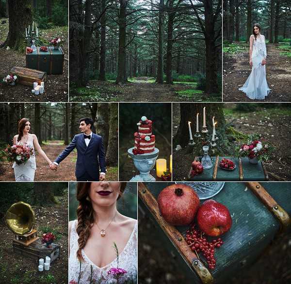 A nine-image editorial-style styled shoot set in a dark, moody forest with a fairytale or dark romance theme. Key elements across the collage include: a vintage teal trunk styled with white pillar candles and deep red floral arrangements; a wide shot of a dense pine forest path used as a ceremony or portrait backdrop; a bride in a long lace ivory gown standing alone among the trees; a couple portrait with the bride holding a rich burgundy and deep red bouquet and the groom in a navy suit with a black bow tie; a two-tier naked cake decorated with deep red berries and a teal sugar flower accent, displayed on a grey urn pedestal with a lit candle; a styled table vignette featuring tall ivory taper candles on a candelabra, cut crystal glassware, pomegranates, and clusters of red berries; a brass gramophone, a vintage dark wooden case, and white votive candles on the forest floor; a close-up portrait of the bride showing deep burgundy lip color, a delicate gold pendant necklace, and lace dress detail; and a flat-lay detail shot on the aged teal trunk surface featuring two whole pomegranates and red currant berries. The overall decor palette is deep red, burgundy, teal, and ivory with a dark boho-gothic aesthetic styled in an outdoor forest setting.