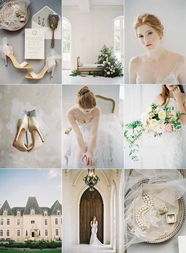 A nine-image styled bridal editorial collage featuring a consistent ivory, champagne, blush, and sage green palette with a classic French chateau aesthetic. Top row includes a flat-lay detail shot of gold strappy heeled sandals, a cream wedding invitation suite with monogram crest, drop earrings, and a ring box arranged on a silver tray; a wide interior shot of a cream-painted room with tall arched windows, a gold velvet settee, and a lush floral ground arrangement of ivory and blush blooms with greenery; and a close-up portrait of the bride with strawberry-blonde hair in a soft updo wearing a delicate beaded spaghetti-strap gown. Middle row shows a detail shot of gold stiletto heels with a grey-blue ribbon bow; a seated portrait of the bride in a tulle ballgown leaning forward with hands clasped, shot from behind at an angle; and a close-up of the bride holding a loose garden-style bouquet of ivory peonies, blush roses, and trailing greenery. Bottom row features a wide exterior shot of a French chateau-style mansion with conical turret rooflines; a full-length portrait of the bride in a fitted lace gown standing beneath a large arched wooden door with a wrought-iron chandelier overhead; and a flat-lay close-up of a pearl strand necklace, stud earrings, and a ring box arranged on a silver tray with ivory tulle. Potential venue feature image.