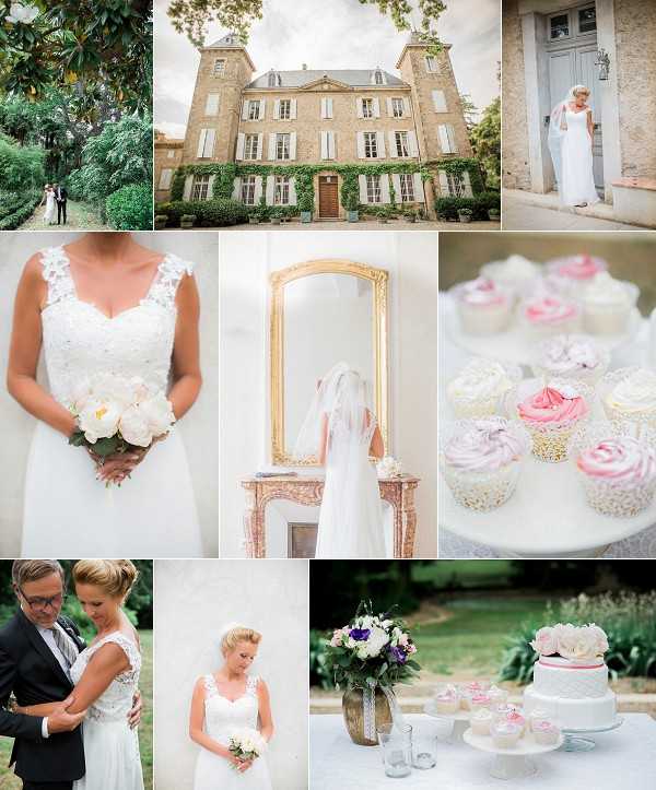 A nine-image collage documenting a French chateau wedding with a pink and white color palette. Top row: a wide shot of the couple walking through a lush garden path; a full exterior view of a large stone French chateau with ivy-covered facade, mansard roof, and symmetrical windows; and a portrait of the bride in a floor-length white gown standing at a stone doorway with a veil. Middle row: a close-up detail of the bride's lace-strapped white gown bodice paired with a bouquet of white peonies and blush flowers; a getting-ready interior shot of the bride reflected in a tall ornate gold-framed mirror above a pink marble fireplace mantel; and a close-up flat lay of cupcakes decorated with pink and white swirled frosting and pearl sprinkles. Bottom row: a couple portrait in a garden with the groom in a dark suit and the bride in a lace-strap white gown embracing; a bridal portrait of the bride holding a small white bouquet against a light wall; and an outdoor dessert table displaying a two-tier white quilted wedding cake with a pink ribbon, additional cupcakes on cake stands, and a gold vase with a mixed purple, white, and green floral arrangement. Potential venue feature image.