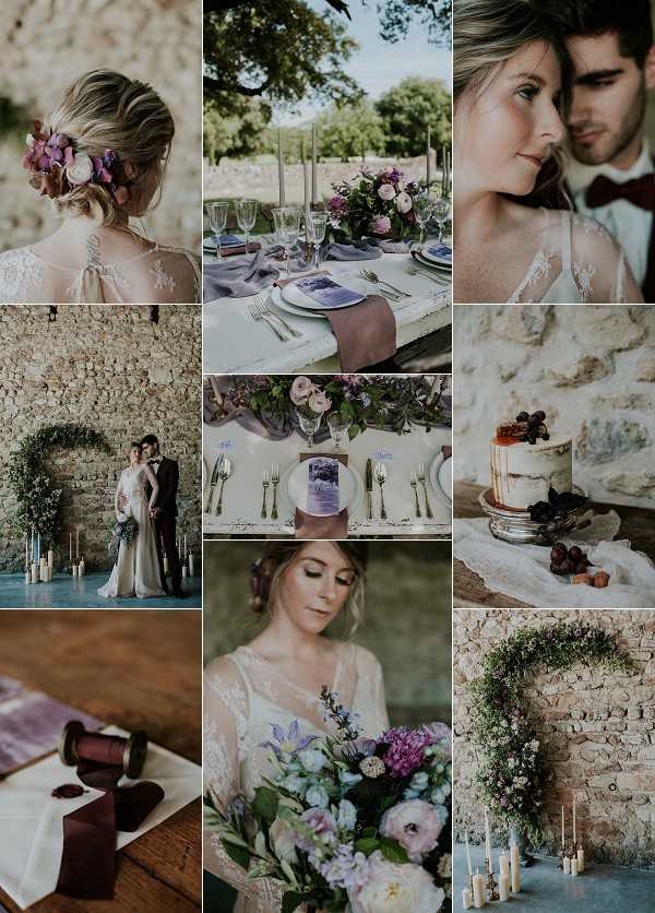 A nine-image collage from a styled wedding shoot with a consistent palette of mauve, dusty purple, and deep burgundy against rustic stone backdrops. Top left shows a close-up of the bride's updo styled with pink and mauve dried florals, paired with a lace-back wedding dress featuring floral appliqué detail. Top center is a wide tablescape shot set outdoors under trees, with tall taper candles in silver holders, mauve satin table runners, purple and blush floral centerpieces, and blue-tinted glassware and stationery. Top right is a close portrait of the couple — bride in a lace gown and groom in a black tuxedo with a deep burgundy bow tie — facing each other. Middle left shows the couple standing inside a rustic stone building beneath a circular greenery arch flanked by tall gold pillar candles. Middle center is a detail flat lay of the place setting with silver cutlery, a mauve linen napkin, a blue-grey charger plate, and a purple menu card. Middle right is a close-up of a semi-naked cake with a caramel drip, topped with dark grapes and figs on a white linen surface. Bottom left is a flat lay detail of a dark burgundy wax seal, ribbon spool, and folded stationery on a wooden surface. Bottom center is a close-up portrait of the bride looking down at a loose bouquet of mauve peonies, lilac blooms, blue campanula, and mixed greenery. Bottom right shows the circular greenery arch against a stone wall, surrounded by tall ivory pillar candles at floor level.