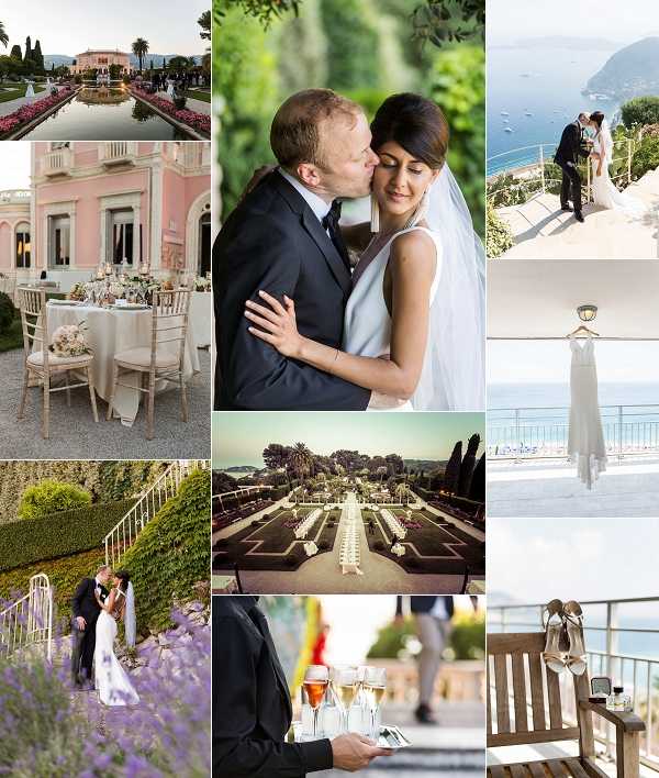 A collage of nine wedding images from what appears to be a French Riviera venue, likely a grand pink villa with formal gardens. Top left shows a wide aerial-style shot of a pink neoclassical villa with a long reflecting pool flanked by red flower beds and guests gathered on the grounds at dusk. Middle left shows an outdoor reception table setup against the pink villa facade, with gold chiavari chairs, ivory linen tablecloths, and low white floral centerpieces. Bottom left features a couple kissing among tall lavender plants beside manicured hedgerows at dusk, the bride in a white gown with a long veil. Center top is a close-up portrait of the groom in a dark suit kissing the bride's cheek, the bride wearing a sleeveless white gown and long veil with dark hair. Center bottom is an elevated wide shot of the formal French garden with symmetrical boxwood parterres, cypress trees, and a long white banquet table set down the central axis. Top right shows the couple from behind on a terrace or balcony overlooking a coastal bay with sailboats, the bride in a white gown and veil. Middle right is a detail shot of a simple white sleeveless wedding dress hanging on a hanger against a railing with a sea view backdrop. Bottom right shows strappy gold bridal heels resting on a wooden chair on a terrace, with a coastal view behind. Bottom center features a waiter in a dark suit holding a tray of champagne flutes and a rosé-filled glass during what appears to be a cocktail hour.