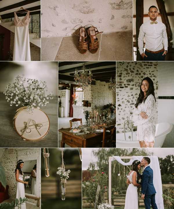 A nine-image collage documenting a French countryside wedding with a rustic-boho styling theme. Details shown include: a white slip dress with a gold sequin bodice hanging on a hanger; tan leather block-heel sandals laid on a stone floor; a groom in a white shirt, brown leather belt, and gold bow tie posing in a room with exposed wooden beams; a ring bearer hoop decorated with baby's breath (gypsophila) and twine-tied rings; a rustic interior dining setup with a dark wood table, candles, crystal chandelier, and stone walls; the bride in a white lace long-sleeve short robe posing in a room with a freestanding bathtub; the bride in her white sleeveless wedding gown holding a bouquet near a doorway; hanging glass bud vases with delicate white flowers on macramé cord; and the couple kissing at an outdoor ceremony beneath a white fabric-draped wooden arch decorated with hanging greenery and flowers, set in a garden with lush foliage. The overall decor palette combines white, gold, and natural wood tones with dried and fresh botanicals throughout.
