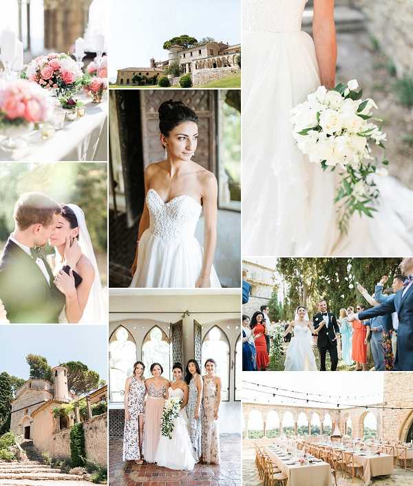 A collage of nine wedding images from what appears to be a French chateau or villa venue. Top left shows a close-up of a reception table set with white linens and coral and pink floral centerpieces including roses. Top center is an exterior shot of a historic stone manor house with cypress and umbrella pine trees. Top right is a detail portrait of the bride from the waist down in a white ball gown holding a cascading bouquet of ivory roses and white blooms with green foliage. Middle left shows a close romantic portrait of the couple, the groom in a black tuxedo and the bride in her white gown with a veil, foreheads nearly touching. Center middle is a bridal portrait of the bride in a strapless sweetheart-neckline white gown with a fitted lace bodice and full skirt, hair in an updo, photographed in front of stone architecture. Middle right shows the couple exiting through a confetti toss in a stone courtyard surrounded by approximately 20 guests in colorful attire. Bottom left is a wide exterior shot of the ivy-covered stone chateau and its terraced grounds. Bottom center shows the bride with four bridesmaids in mismatched floral and blush floor-length gowns, photographed inside a room with arched gothic windows. Bottom right is a wide shot of a reception set under string lights within an arched stone arcade colonnade, with long tables dressed in neutral linens and wooden cross-back chairs. Potential venue feature image.