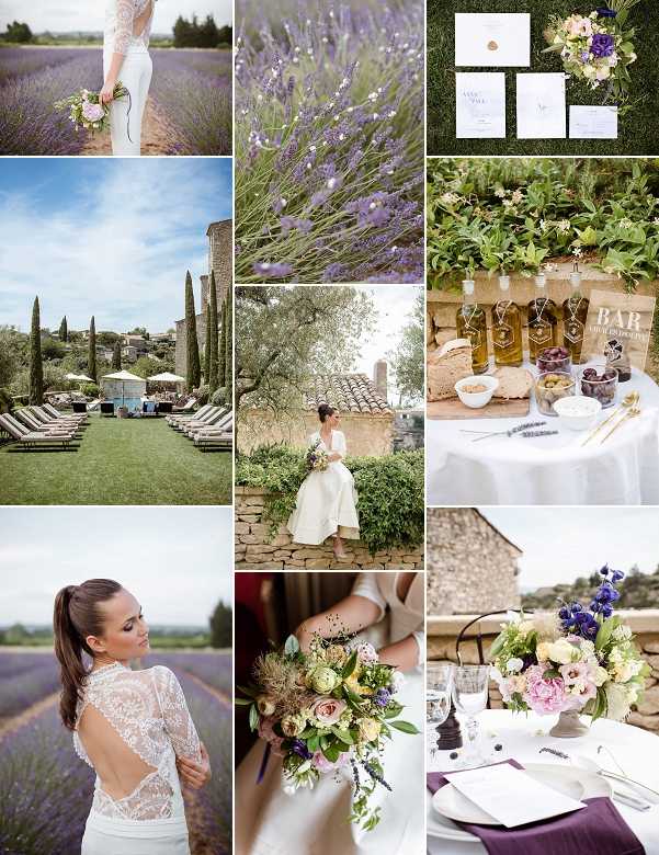 A nine-image collage showcasing a French Provençal wedding styled shoot set among lavender fields and a stone chateau property. Top row: a bride in a fitted ivory lace-sleeved gown holds a small bouquet of blush and purple blooms while standing in a lavender field; a close-up detail shot of purple lavender in bloom; a flat lay of white and navy wedding stationery suite with a wax seal alongside a bouquet featuring purple and white flowers on a grass surface. Middle row: a wide landscape shot of a stone chateau exterior with cypress trees, sun loungers, and white umbrellas arranged on a lawn; a bridal portrait outdoors beneath an olive tree with the bride in a full-skirted ivory gown holding a loose bouquet, stone building with terracotta roof tiles behind her; an outdoor cocktail bar setup on a white linen-covered table featuring glass bottles of olive oil or spirits with gold labels, a wooden crate sign reading 'BAR,' bread, olives, and small bowls of snacks against a stone wall backdrop with herbs. Bottom row: a close-up portrait of the bride from behind, showcasing the open lace back of her long-sleeved ivory gown, with a lavender field in the background and her dark hair in a sleek ponytail; a close-up detail of a loose bridal bouquet featuring blush garden roses, protea, lavender, and trailing greenery; an outdoor reception table detail with a centerpiece of blush pink roses, deep purple delphinium, and lush greenery in a footed vessel, with eggplant-purple linen napkins and white place settings.