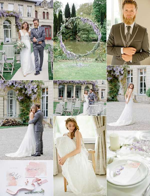A collage of nine wedding images from what appears to be a French chateau editorial shoot, featuring a consistent color palette of lavender, soft blush, and grey throughout. Top left shows the bride in a fitted ivory lace gown with a low back carrying a mixed white and lavender bouquet, walking arm-in-arm with the groom in a charcoal grey suit with a grey tie, in front of a stone chateau facade draped in purple wisteria. Top center features a circular floral arch decorated with lavender and white blooms set on a garden lawn with a pond and cypress trees visible in the background, shot as a wide environmental image. Top right is a close-up portrait of the groom, a red-bearded man in an olive-brown three-piece suit adjusting his cufflinks. Middle left shows the couple embracing closely in front of the wisteria-covered chateau exterior, a romantic portrait shot. Middle center is a wider shot of the couple on a gravel terrace with white folding garden chairs and the chateau building behind them. Middle right shows the bride alone on the chateau terrace in her ivory lace gown, shot as a three-quarter portrait. Bottom left is a flat lay of blush pink watercolor stationery with calligraphy script and blush satin ribbon. Bottom center shows the bride seated on a wooden chair indoors near a window in a bright room, wearing her gown and a floral hair accessory, in a getting-ready portrait. Bottom right is a close-up detail shot of a place setting with a white plate, a blush menu card, and a small sprig of lavender on a pale linen surface.