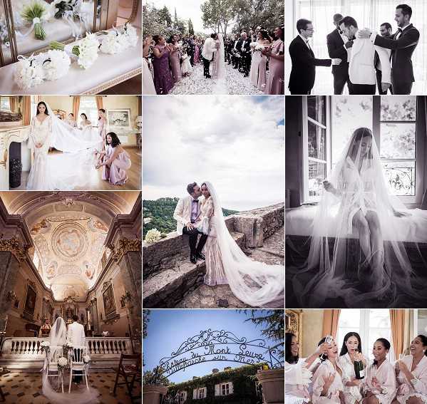 A nine-image collage documenting a full wedding day at what appears to be a French chateau venue. Top left: a flat lay detail shot of white floral bouquets including hydrangeas and roses arranged on a decorative surface. Top center: an outdoor ceremony recessional with the couple walking through a petal toss, bridesmaids in mauve and dusty rose gowns lining the aisle. Top right: a black-and-white close-up portrait of the groom in a white jacket being assisted by groomsmen in black tuxedos. Middle left: the bride in a long-trained white gown with bridesmaids in blush and lavender dresses inside an ornate interior room. Middle center: an outdoor portrait of the couple seated on a stone wall or terrace with a lush hillside backdrop, the bride in a heavily embellished long-train gown and the groom in a floral ivory suit. Middle right: a black-and-white portrait of the bride alone near a large window, her cathedral-length veil dramatically spread around her, high contrast tones. Bottom left: a wide shot inside an ornate baroque chapel with frescoed vaulted ceilings and gilded decor, the couple standing at the altar during the ceremony. Bottom center: an exterior shot of decorative wrought-iron gates reading 'Chateau de Mont Jeure' with ivy-covered walls behind. Bottom right: the bride and bridesmaids in light pink satin robes laughing and drinking champagne during getting-ready preparations. Potential venue feature image.