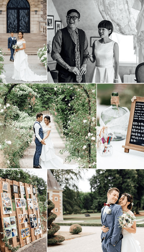 A collage of six wedding images from what appears to be the same French chateau wedding. Top left: a wide portrait shot of a bride in an off-shoulder layered white gown holding a white and green bouquet, walking with her groom in a navy suit down steps lined with white floral arrangements in front of a grand chateau entrance. Top right: a black-and-white portrait of the groom in a striped shirt, vest, and patterned tie standing beside the bride in a sleeveless two-piece white outfit with a short bob haircut, both smiling indoors with framed artwork on the wall behind them. Middle left: an outdoor couple portrait in a garden pergola tunnel covered in climbing white roses and lush greenery, with the bride in her off-shoulder white gown and the groom in a navy vest and trousers facing each other. Middle right: a close-up flat lay of wedding guest book decor including a large glass bottle with twine, a jar of colored pens, and a small chalkboard easel with handwritten text in French and Chinese. Bottom left: a rustic wooden pallet photo display wall decorated with greenery, holding polaroid-style printed photos clipped in rows, used as a memory or seating chart installation. Bottom right: a couple portrait outdoors on a chateau driveway, the groom in a grey suit with a burgundy bow tie and white boutonniere embracing the bride in a white gown holding a small white and green bouquet, with manicured hedges and a chateau tower visible in the background.