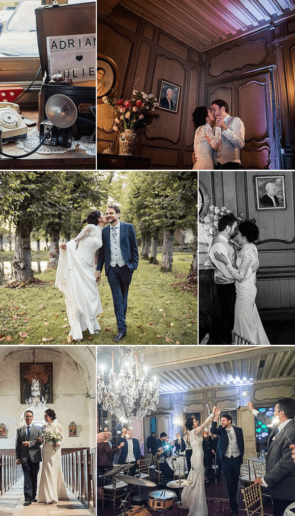 A collage of six images from a French wedding styled with a vintage theme, featuring a couple named Adrien and Julie. The top-left detail shot shows a lightbox sign reading 'Adrien ♥ Julie' alongside a vintage suitcase, an old rotary telephone, and a retro camera with flash, arranged on a doily-covered surface. The top-right indoor portrait shows the couple sharing a close moment in a wood-paneled room with ornate carved doors, a framed portrait on the wall, and a vase of peach and coral flowers; the bride wears a long-sleeve lace-bodice white gown and the groom wears a white dress shirt with a grey waistcoat and navy tie. The middle-left is a full-length outdoor portrait of the couple walking and laughing along a tree-lined alley on the grounds of what appears to be a chateau or manor estate, with the groom in a navy suit. The middle-right is a black-and-white image of the couple kissing indoors in the same wood-paneled room, showing strong contrast with the bride's lace gown and floral hair accessory visible. The bottom-left shows the bride walking down the aisle of a small stone chapel with an escort, carrying a white and greenery bouquet, beneath a crystal chandelier. The bottom-right shows the couple's first dance in a wood-paneled ballroom beneath a large crystal chandelier with warm and blue stage lighting, surrounded by seated and standing guests, with a drum kit visible in the background and gold chiavari chairs.