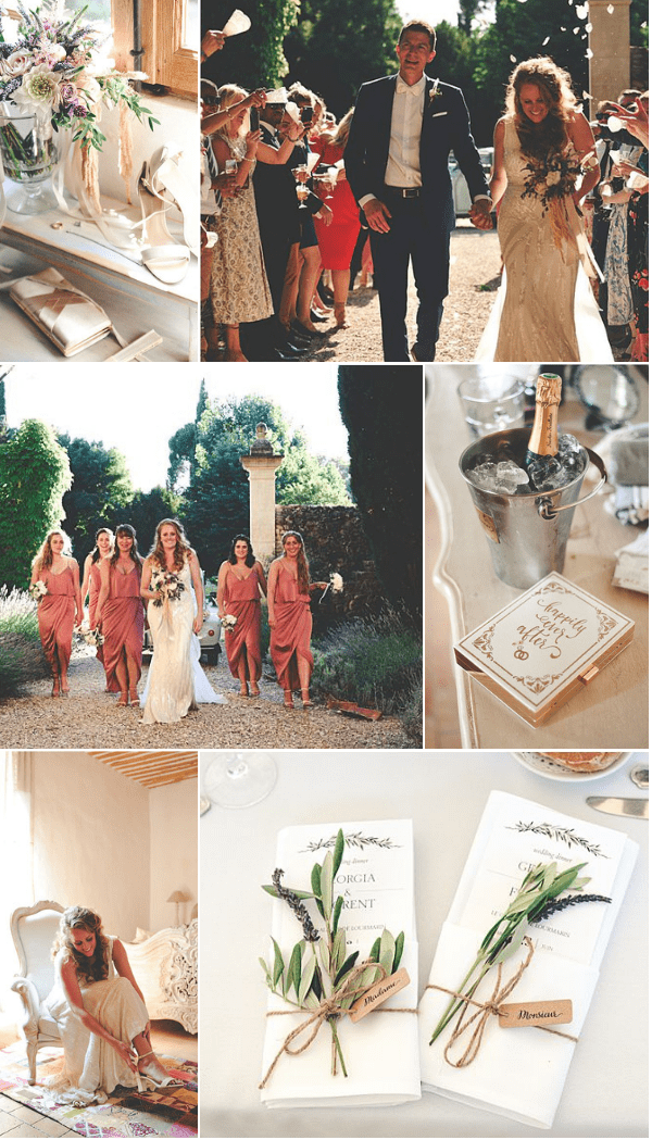 A six-image collage from a French outdoor wedding with a rustic-romantic style. Top left shows a detail flat lay of bridal accessories including white heeled sandals, a small clutch, and a loose bouquet of mauve and blush blooms with trailing ribbon on a windowsill. Top center features the bride and groom walking through a confetti send-off surrounded by approximately 15 guests outdoors on a gravel path; the bride wears a heavily embellished lace gown and carries a wild, garden-style bouquet, while the groom wears a navy suit. Center left shows the bride with four bridesmaids wearing terracotta-pink draped midi dresses walking along a gravel driveway in front of what appears to be a French country estate, with cypress trees and a stone pillar in the background. Center right is a close-up detail of a silver champagne bucket with a bottle on ice beside a small wooden keepsake box engraved with 'Happily Ever After.' Bottom left shows the bride seated in a white ornate chair adjusting her sandal while getting ready in a light-filled interior room. Bottom right is a close-up flat lay of two white folded wedding programs or menus tied with twine and decorated with sprigs of olive branch and lavender, with small luggage-tag style name cards reading 'Monsieur.'