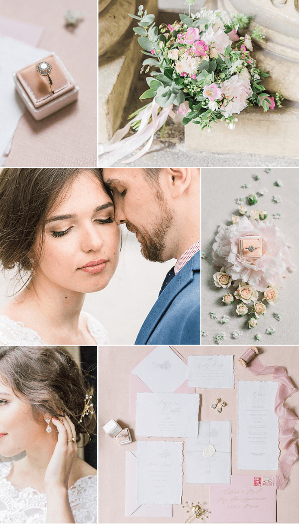 A styled collage of six wedding detail and portrait images with a consistent blush pink and ivory color palette. Top left: a close-up flat lay of a diamond halo engagement ring in a blush velvet ring box. Top right: a loose bridal bouquet resting on a stone surface, composed of blush pink roses, hot pink sweet peas, ivory blooms, and eucalyptus with trailing ivory ribbon. Center left: an intimate couple portrait showing the bride and groom with foreheads nearly touching; the bride wears a lace dress with an updo and natural makeup, and the groom wears a navy blue suit. Center right: a flat lay detail of the same blush velvet ring box surrounded by scattered cream garden roses and blush peony petals on a pale background. Bottom left: a close-up portrait of the bride adjusting a pearl drop earring, with pearl hair pins in her updo and a lace dress visible. Bottom right: a flat lay of a full stationery suite on a blush pink surface, including deckle-edged invitation cards in white and blush, envelopes, a menu card, a wax seal, small gold earrings, a ring box, a spool of blush ribbon, and a red-stamped addressed envelope, all in a classic calligraphy script style.