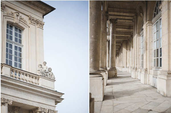 A diptych of architectural detail shots showcasing a grand French classical building. The left image is a low-angle close-up of a stone facade featuring ornate carved balustrades, decorative sculptural figures, and tall multi-paned windows with classical cornicing. The right image shows a long colonnaded gallery or portico with repeating stone columns receding into the distance, large windows along the wall, and a stone-paved floor. No people, decor, or wedding elements are visible — both frames focus entirely on the building's classical French architecture. Potential venue feature image.