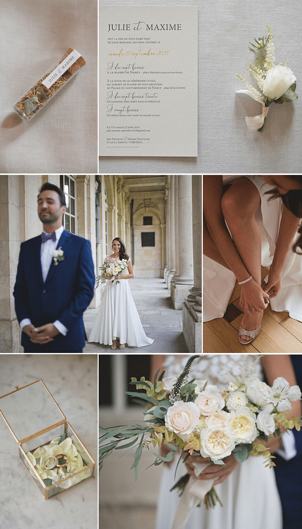A six-panel flat lay and portrait collage from a French wedding for Julie et Maxime. Top row features stationery details: a small clear tube favor labeled with the couple's names, a white cream-toned wedding invitation with script and serif typography in black and gold, and a boutonnière made of a single white garden rose with small yellow accent blooms and a soft pink ribbon wrap. Middle row shows the groom in a navy suit with a lavender bow tie and white rose boutonnière standing with his back partially turned in a classical stone arcade, the bride in a flowing white A-line gown with cap sleeves holding a loose garden bouquet, posed under stone columns of what appears to be a French civic building or palais, and a close-up detail of the bride fastening a silver glitter strappy heel on a wooden floor. Bottom row shows a small brass-framed glass ring box holding two gold wedding bands on a pale yellow fabric insert, and a close-up portrait-style shot of the bridal bouquet composed of ivory and blush garden roses, white anemones, eucalyptus, and small greenery sprigs held against the bride's white gown.