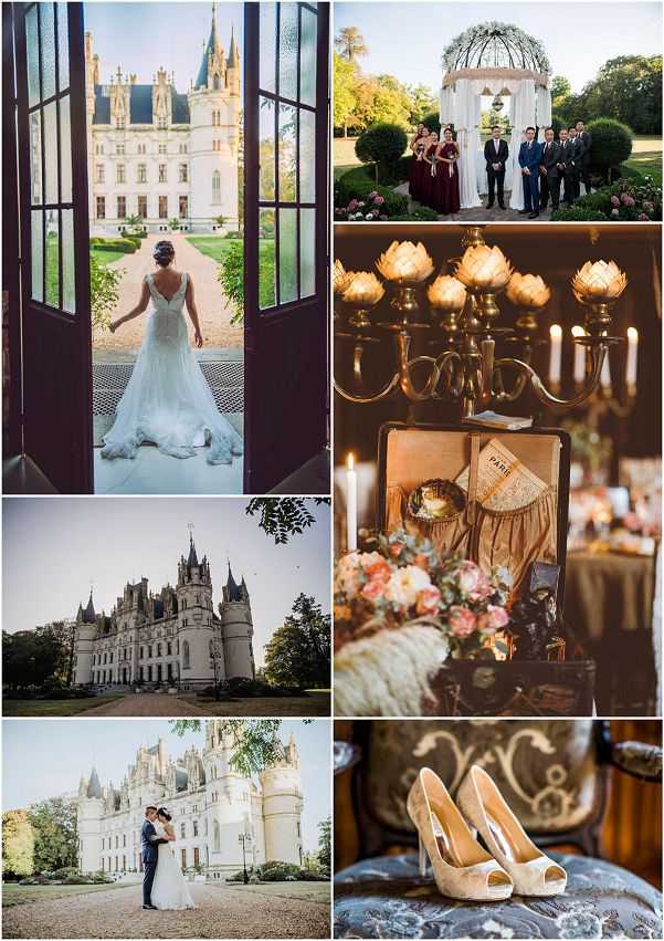 A six-image collage from a chateau wedding in France. Top left: a full-length portrait of the bride in a white fitted lace gown with a low V-back and train, shot from behind as she stands in open double doors looking out toward a grand Gothic-style chateau along a gravel driveway — Potential venue feature image. Top right: a group portrait of approximately eight people including the bridal party, posing in front of an ornate iron and white fabric gazebo in a formal garden; bridesmaids wear deep burgundy dresses and groomsmen wear navy suits. Middle right: a warm-toned reception detail close-up showing brass candelabras with lotus-shaped amber candle holders, burning candles, a vintage mirror, a decorative fan, a small book labeled 'Paris,' and a floral arrangement of coral, blush, and ivory blooms — decor style is vintage Parisian. Middle left: a wide exterior shot of the full Gothic-revival chateau with turrets under an overcast sky — Potential venue feature image. Bottom left: a couple portrait with the bride in her white lace gown and the groom in a navy suit embracing in front of the chateau facade in soft natural light. Bottom right: a close-up detail of a pair of ivory peep-toe heeled bridal shoes resting on an ornate dark velvet embroidered chair.