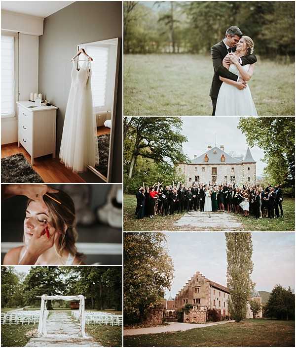 A collage of six wedding photographs from what appears to be a French chateau venue. Top left: a close-up detail shot of an ivory A-line wedding dress with a V-neckline hanging from a wooden hanger on a floor mirror in a bright white-walled getting-ready room. Middle left: a close-up portrait of the bride having her makeup applied, showing red lip color being applied and her wearing a strapless top. Bottom left: an outdoor ceremony setup with a minimalist white rectangular arch decorated with white fabric and florals, lined with rows of white folding chairs on a gravel path. Top right: a couple portrait in a meadow, with the groom in a dark suit and black bow tie embracing the bride in her ivory A-line gown. Middle right: a wide group shot of approximately 40-50 guests gathered on a gravel driveway in front of a historic French chateau, arms raised in celebration. Bottom right: a wide exterior shot of a historic stone chateau with Renaissance-style architecture, surrounded by tall poplar trees and mature grounds. Potential venue feature image.
