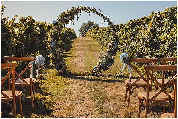 An outdoor ceremony setup photographed in a vineyard, with rows of vines flanking a grass aisle leading to a circular floral arch. The moon gate arch is decorated with greenery, trailing vines, and a mix of blue hydrangeas, blush and ivory blooms arranged along its base and sides. Aisle chairs are natural wood cross-back style, with blue hydrangea bunches tied with sheer ribbon attached to the end chairs. No people are present — this is a pre-ceremony wide shot taken from behind the seating area looking toward the arch. The styling palette is blue and blush with abundant greenery, giving a garden-romantic feel. Potential venue feature image.