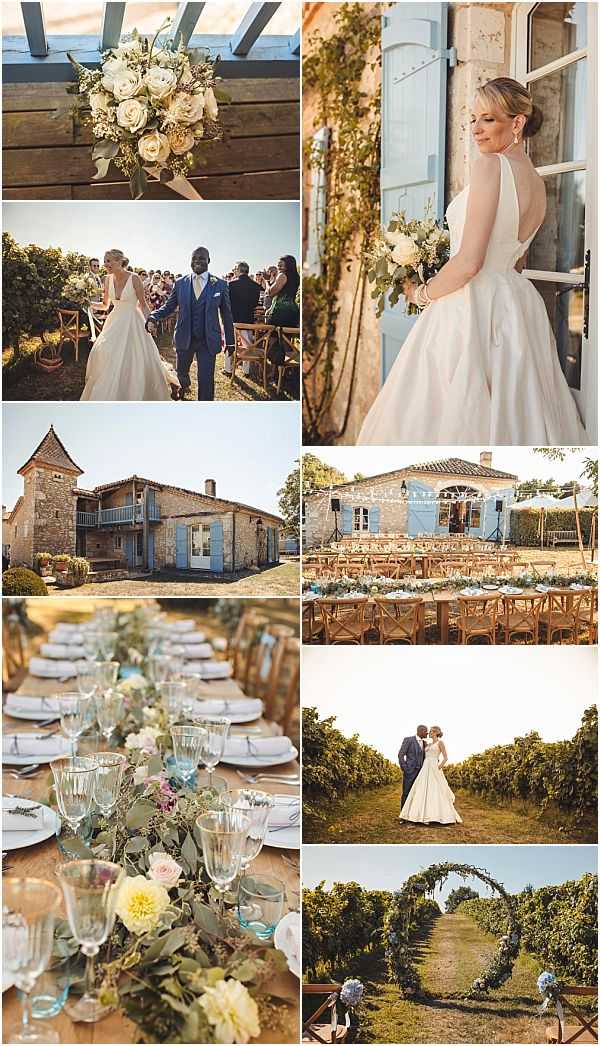 A collage of eight wedding photographs from a vineyard venue in France, showcasing multiple moments and details from the same wedding. Top left: a close-up detail shot of a bridal bouquet featuring cream roses, white blooms, and greenery, resting on a rustic wooden surface. Top right: a portrait of the bride in a low-back ivory ballgown holding her bouquet, standing beside a stone building with pale blue shutters and climbing vines. Middle left: the couple walking hand-in-hand through the vineyard after the ceremony, with seated guests visible in the background on wooden cross-back chairs; the bride wears an ivory ballgown and the groom wears a navy suit. Center left: an exterior wide shot of a French stone farmhouse with pale blue shutters and a tower, showcasing the venue architecture. Center right: an outdoor reception setup in front of the stone building, with long wooden tables, cross-back chairs, string lights, and floral centerpieces arranged in a courtyard. Bottom left: a close-up detail of the tablescape featuring a wooden farm table set with white plates, pale blue glassware, and a lush garland runner of eucalyptus, dusty pink dahlias, and soft yellow blooms. Bottom center-right: a wide portrait of the couple embracing in the vineyard at golden hour. Bottom right: the couple standing beneath a circular floral arch decorated with greenery and pale blue and purple blooms at the vineyard ceremony site. The overall styling is rustic-romantic with a palette of ivory, navy, pale blue, and soft blush. Potential venue feature image.