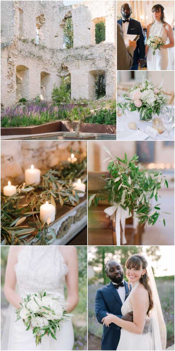 A collage of six wedding photographs from what appears to be a French château or abbey venue. The top-left image shows the ruins of a roofless stone building with arched windows and lavender plantings in raised Corten steel beds with a reflecting pool, shot as a wide architectural detail. The top-right shows the couple during an indoor ceremony in a warmly lit classical interior — the groom wears a navy suit with a black bow tie and the bride wears an ivory halter-neck beaded gown, holding a white and blush bouquet with olive branches. The center-left detail shot shows pillar candles arranged on a rustic wooden surface with trailing olive branch garlands against a stone wall backdrop. The center-right detail shows a chair decorated with an olive branch spray tied with a wide ivory ribbon. The bottom-left is a close-up portrait of the bride holding a loose, garden-style bridal bouquet of white garden roses and olive foliage. The bottom-right is a couple portrait taken outdoors at golden hour with lavender visible in the background — the couple embrace and smile at the camera. The overall styling is classic and restrained, with a palette of ivory, blush, and green, using olive branches, white pillar candles, and blush peonies as recurring design elements. Potential venue feature image.