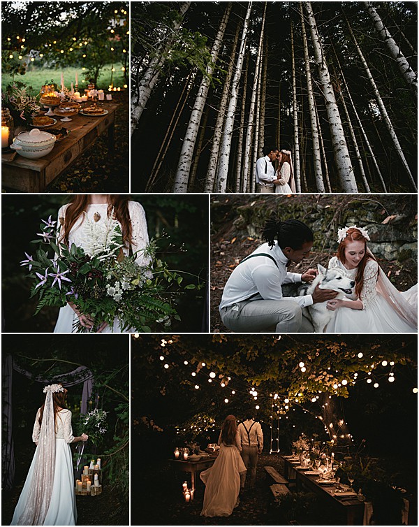 A six-image collage from an outdoor woodland boho-style wedding styled shoot or intimate celebration. Top left shows a long rustic wooden dessert table set outdoors at dusk, laden with cakes and pastries, lit by numerous pillar candles and warm string lights overhead. Top right is an upward-looking portrait of the couple kissing among tall, slender birch trees, the groom in white shirt and dark suspenders, the bride in a long-sleeved lace white gown. Middle left is a close-up detail shot of the bride holding a lush, trailing bouquet of white blooms, purple clematis-style flowers, and abundant dark greenery against her lace dress. Middle right shows the couple crouching together with a white Husky dog, the bride wearing a floral crown and long veil, the groom in a white shirt with green suspenders. Bottom left is a rear portrait of the bride standing at a candle-lit arch decorated with hanging pillar candles and ribbon streamers in lavender and mauve tones. Bottom right is a wide evening shot of the couple walking hand-in-hand toward a long rustic dining table under dense tree canopy strung with warm globe fairy lights, with candles flickering along the table, creating a dark and moody forest reception atmosphere.