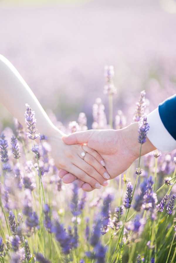 Close-up detail shot of a couple holding hands in an outdoor lavender field, with purple lavender stems filling the foreground and softly blurred background. The bride's hand, visible on the left wearing a delicate solitaire diamond engagement ring with a thin band, is held by the groom's hand on the right, with the sleeve of his navy blue suit jacket just visible at the edge of the frame. The image is shot at field level with a shallow depth of field, creating a soft, hazy effect across the purple and green lavender blooms surrounding the hands.