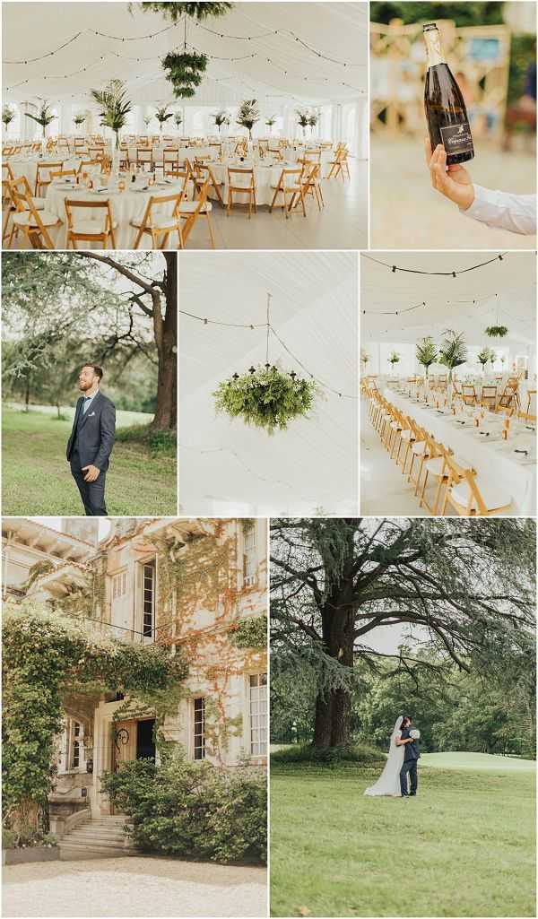 A six-image collage from a French château wedding featuring: (1) a wide shot of a white marquee reception interior with round tables set with white linens, natural wood folding chairs, tall tropical green foliage centerpieces, and string lights draped across the ceiling; (2) a close-up detail of a hand holding a champagne bottle with gold foil label; (3) a portrait of the groom standing outdoors on the château grounds wearing a navy suit with a light blue pocket square; (4) a detail close-up of a hanging greenery installation—ferns and tropical leaves suspended from the marquee ceiling with string lights; (5) a wide interior shot of the marquee showing long banquet tables arranged in parallel rows with the same wood folding chairs and tall green foliage centerpieces; (6) a wide exterior shot of a stone château facade covered in climbing red and green ivy vines with ornate architectural detailing and entrance steps — Potential venue feature image.; and (7) a wide outdoor portrait of the couple embracing on a large lawn beneath a mature tree, the bride wearing a white gown with a long veil and the groom in a navy suit. The overall decor palette is white, natural wood, and lush tropical green with a classic-meets-tropical styling theme.