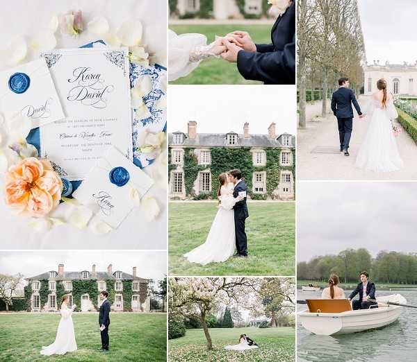 A collage of seven wedding editorial images shot at a French chateau, identified in the stationery as Château de Vauchelles. The flat-lay detail shot shows white wedding invitation suites with navy blue calligraphy script, sealed with navy blue wax seals, styled alongside peach garden roses, white flower petals, and blue and white chinoiserie-patterned envelope liners. The bride wears a white ballgown with a full tulle skirt throughout all couple portraits, and the groom wears a dark navy suit. Couple portrait shots include: the two standing facing each other on the chateau lawn with the ivy-covered stone facade behind them; walking hand-in-hand along a formal garden allée with the chateau visible in the background; an embrace and near-kiss in front of the ivy-covered chateau facade; sitting together in a small white and tan motorboat on a calm lake or pond; and reclining together on the grass beneath a flowering cherry blossom tree. The decor palette is navy blue and white with peach floral accents. Images range from wide establishing shots to close-up detail and portrait compositions. Potential venue feature image.