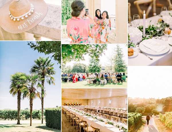 A nine-image collage from a French wedding with a colorful, garden-party aesthetic. Top left: a close-up detail shot of a straw sun hat with white pom-pom trim and the text 'Mrs. French' written on the brim, resting on a stone surface. Top center: two women, likely bridesmaids or the bride and a guest, photographed from behind wearing vibrant floral robes in coral-pink and multicolored tropical prints, standing indoors near a window. Top right: a close-up table setting detail showing a white plate with a menu card, tall white taper candles, crystal glassware, silver cutlery, and a greenery runner with small orange fruits. Center left: a wide shot of tall palm trees standing in a manicured garden beside a trimmed hedge, with vineyard rows visible in the background. Center: a wide outdoor ceremony shot showing approximately 50-60 guests seated in rows on a lawn under large mature trees in bright afternoon light. Center right: same detailed table setting as top right, slightly different angle. Bottom center: a wide interior shot of a long feasting table set for dinner inside what appears to be a barrel-vaulted stone wine cellar or cave, with cross-back wooden chairs, low greenery centerpieces, and white linens running the full length of the room. Bottom right: a wide golden-hour shot of a couple walking hand-in-hand down a vineyard path, backlit by warm sunset light, with rows of vines on either side.