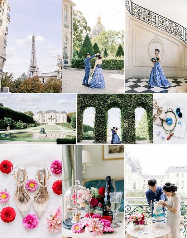 A nine-image collage showcasing a Paris wedding editorial shoot. Top row: a wide establishing shot of the Eiffel Tower from a Parisian street; a couple portrait outdoors with the gilded dome of Les Invalides in the background, the bride wearing a blue floral ball gown and the groom in a navy suit; and a full-length portrait of the bride standing on a black-and-white checkered marble floor beside a wrought-iron staircase inside a classical French interior. Middle row: a wide exterior shot of a grand Haussmann-style mansion with formal gardens, a central fountain, and sculpted hedges; a couple kissing beneath ivy-covered stone archways in a formal garden; and a flat-lay detail shot of stationery, wax seal stamps in blue and red, ribbon, and small decorative items on a marble surface. Bottom row: a flat-lay of ivory lace bridal heels surrounded by vivid red and pink peonies and dahlias; a styled table detail showing a champagne bottle, a glass cloche with macarons, and an arrangement of red, coral, and pink peonies; and an outdoor balcony scene with the couple cutting a blue and white tiered cake, with a Parisian mansion visible in the background. The overall palette combines the bride's blue floral gown with bold red and pink florals and classic Parisian architecture.