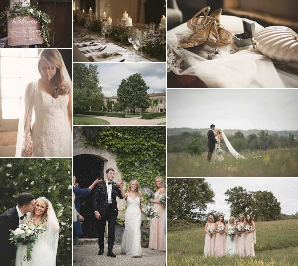 A collage of nine wedding photographs from what appears to be a French chateau wedding with a classic, romantic aesthetic. The images include: a hand-lettered welcome sign with greenery; a long reception table set with white linens, tall candlestick holders with lit candles, and glassware in a candlelit indoor hall; a detail flat-lay of gold strappy heeled sandals and a champagne-colored clutch on white fabric; a portrait of the bride in a long-sleeve lace fitted gown with a cathedral veil holding a white and greenery bouquet; an exterior wide shot of a French chateau with a gravel driveway and manicured grounds; a couple portrait taken from behind in a meadow with rolling hills, the bride in a flowing cathedral veil and the groom in a dark suit; a close-up portrait of the couple, the groom in a black tuxedo kissing the bride as she smiles, with a lush white and greenery bouquet; a ceremony exit shot of the couple being showered with confetti outside a stone archway with ivy, bridesmaids in blush floor-length gowns in the background; and a group portrait of four bridesmaids in blush floor-length gowns holding white bouquets, standing in an open meadow. The overall palette is white, blush, and greenery with candlelight accents. Potential venue feature image.