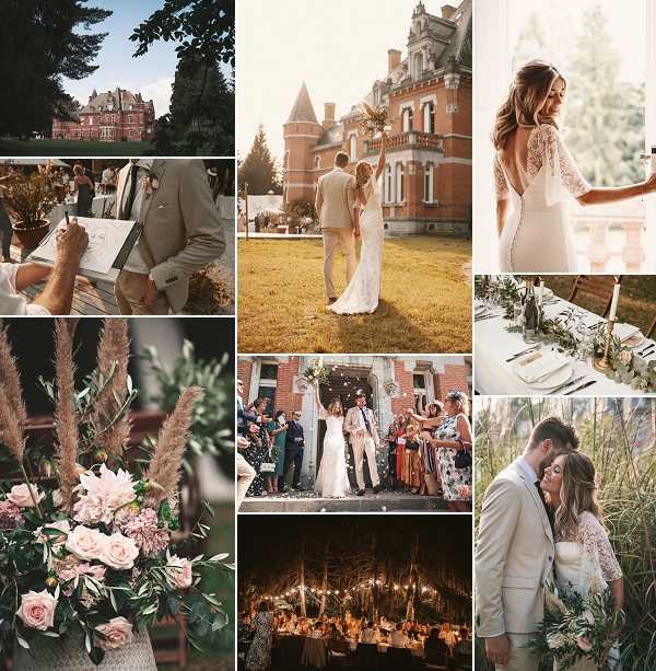 A collage of nine wedding photographs from a French chateau wedding, showcasing multiple moments throughout the day. The venue is a grand red-brick chateau with turrets, visible in both an exterior wide shot and a couple portrait on the grounds, where the bride wears a lace gown and the groom a tan suit. Additional images include: a close-up of a boho-style bouquet featuring blush pink roses, pampas grass, and greenery; a getting-ready portrait of the bride in a low-back white gown with lace sleeves; a tablescape with white linens, greenery runners, and gold accents; a guest signing a guestbook; a confetti exit through a doorway with colorful guests in navy, floral, and jewel-toned outfits; a candid couple portrait among tall grasses with the groom in a cream suit; and a warm-toned evening reception shot with string lights illuminating a long dinner table filled with guests. The overall styling theme is boho-romantic with a palette of blush, cream, and greenery. Potential venue feature image.