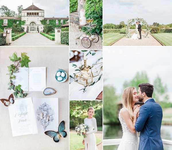 A nine-image collage of a French wedding styled shoot featuring consistent green, white, and gold tones throughout. Top left shows a symmetrical wide shot of an ivy-covered chateau or orangerie with a formal hedged driveway approach, serving as the primary venue exterior. Top center features a vintage brass dessert bicycle cart holding a tiered white wedding cake with greenery accents. Top right shows the couple standing together at a circular floral ceremony arch covered in white blooms and greenery, set in a formal garden with clipped hedges and a grass lawn. Center left is a flat-lay of watercolor-style wedding stationery in soft grey and white tones, arranged with ivy sprigs, a small teal dish with blue eggs, an agate slice, and two decorative butterflies in orange and teal. Center middle is a close-up detail shot of a gold geometric terrarium or ring box with small macarons or confections and eucalyptus sprigs. Bottom center shows the bride in a long-sleeved minimalist white gown holding a compact bouquet of white blooms and eucalyptus in a garden setting. Right panel features a portrait of the couple in an outdoor waterside setting, the bride in a lace sleeveless gown and the groom in a navy suit, sharing a close romantic moment. Potential venue feature image.