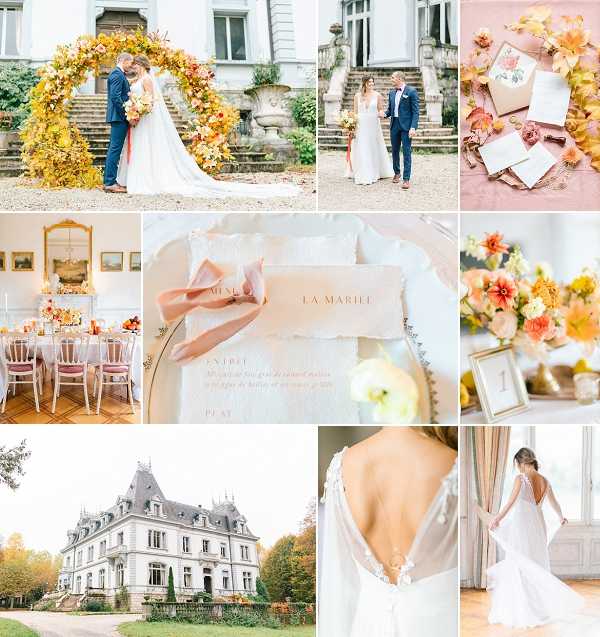 A styled shoot collage of nine images showcasing an autumn-toned French chateau wedding. Top left: the couple kiss beneath a large circular floral arch densely covered in yellow, orange, and rust foliage and blooms, with a white chateau facade behind them — the bride wears a long white gown with a flowing veil and the groom wears a navy suit. Top center: a wide portrait of the couple standing on stone steps in front of the chateau entrance. Top right: a flat lay detail shot on a blush pink surface featuring white stationery, a blush envelope, and dried orange and pink floral accents. Middle left: an indoor reception tablescape in a classically decorated room with gold-framed mirrors, white ghost chairs with blush cushions, white linens, and orange and gold candlesticks and florals. Middle center: a close-up detail shot of a cream menu card reading 'La Mariée' placed on a gold-rimmed plate with a blush satin ribbon. Middle right: a floral detail close-up featuring peach, coral, orange, and yellow dahlias and ranunculus alongside a gold-framed table number. Bottom left: a wide exterior shot of the French chateau, a grand grey-stone mansion with mansard roofing surrounded by autumn trees. Bottom center: a close-up back-detail portrait of the bride's low-back lace-trimmed ivory gown. Bottom right: a portrait of the bride standing near tall draped windows, shown from behind, wearing the same open-back ivory gown. Potential venue feature image.