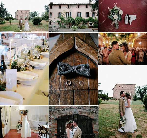 A nine-image collage documenting a French countryside wedding at what appears to be a historic mas or domaine with terracotta-toned stone and pink-rendered buildings surrounded by greenery. The couple — the bride in a simple white A-line gown with a floral crown and the groom in a tan/camel suit — appear across multiple shots including wide portrait pairs in front of the venue buildings, a close moment under a rustic brick archway, and a first dance inside a warmly lit reception barn filled with guests. Detail shots include a flat-lay of white sneakers and a bouquet of white flowers with greenery on a deep red surface, a close-up of a dark grey textured bow tie and two gold wedding bands resting on a worn wooden barrel lid, and a reception table styled with cream linens, taper candles, glassware, and low floral centerpieces in white and green tones. A portrait of the bride alone is taken indoors in a white room with terracotta tile flooring. The overall styling theme is relaxed rustic with natural, organic florals and a neutral color palette. Potential venue feature image.