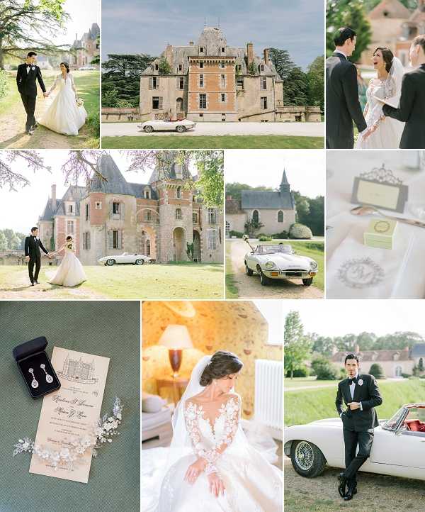 A nine-image collage from a French chateau wedding shoot, presented in a grid layout. The couple — a bride in a long-sleeved, lace-appliqué ball gown with a cathedral veil and a groom in a black tuxedo with a white boutonniere — are photographed across multiple outdoor portrait shots on the grounds of a pink-stone French Renaissance chateau with pointed turrets and arched windows. A white vintage Jaguar E-Type convertible with a red interior appears in several frames parked in front of the chateau, serving as a recurring style prop. One wide shot shows the chateau facade alone with the vintage car, highlighting the architecture and graveled forecourt. A close-up detail flat lay shows a cream wedding invitation suite with monogram motifs, drop crystal earrings in a navy box, and a small green wax-sealed card on a sage green surface. Another close-up shows printed stationery with a grey illustrated chateau motif and monogram. An interior portrait captures the bride seated indoors in warm lamplight, her lace long-sleeved gown and tiara-style veil visible in close detail. The overall styling palette is ivory, black, and cream with a classic, formal French chateau aesthetic. Potential venue feature image.