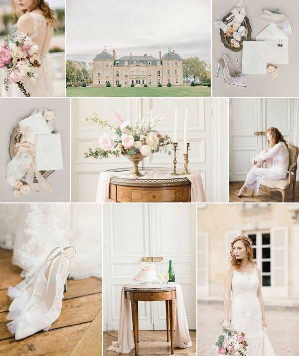 This is a styled shoot mood board composed of nine individual images arranged in a grid, showcasing a soft, romantic French chateau wedding concept with a pale blush, ivory, and champagne color palette. The central exterior shot features a grand French chateau with symmetrical architecture, manicured grounds, and clipped topiary, serving as the venue backdrop. Other images include: a close-up of a bride in a sheer lace-back gown holding a bouquet of blush peonies, dusty pink ranunculus, and ivory blooms with greenery; a flat lay of white stationery suite, mint-heeled shoes, blush roses, and earrings on a grey surface; a flat lay of ivory envelopes, satin ribbon, and scattered blush petals on a linen surface; a tablescape detail featuring a brass urn arrangement of blush garden roses, ivory peonies, pampas grass, and delicate foliage alongside brass taper candle holders on an antique wooden side table against white panelled walls; a portrait of a woman in a white lace jumpsuit seated on a gilded French chair against white panelling; a close-up detail of white satin heeled shoes with teal insoles resting against soft white tulle on a wooden floor; a small antique side table draped in blush linen holding a two-tier white and blush cake with a green bottle; and a portrait of the bride in a fitted lace gown with a floral hair piece holding a mixed bouquet of blush, mauve, and ivory flowers in an outdoor chateau courtyard setting. Potential venue feature image.