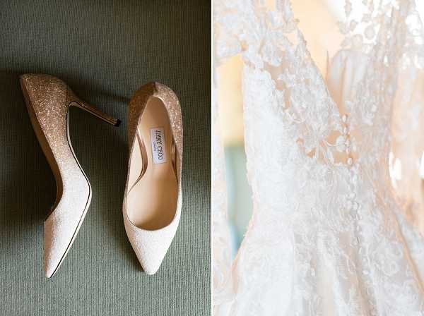 A two-panel detail flat lay from a bridal getting-ready session. The left panel shows a pair of Jimmy Choo pointed-toe stiletto heels in champagne gold glitter, photographed from above against a sage green textile surface. The right panel is a close-up of a white lace wedding gown, showing intricate floral appliqué lace detailing on what appears to be a fitted bodice with a deep V-neckline, softly backlit to highlight the texture of the fabric.