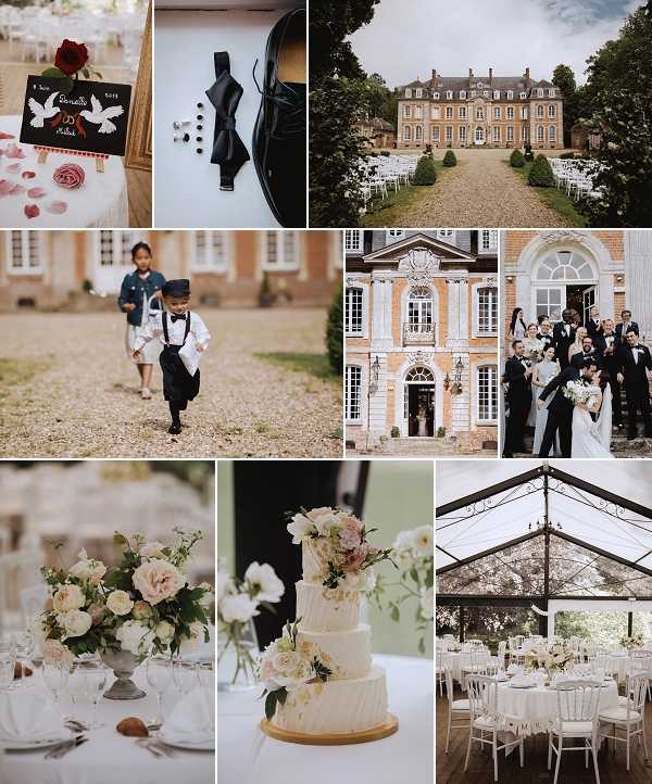 A seven-image collage showcasing various moments and details from a French chateau wedding. Top row includes: a guest book display featuring a hand-painted sign with two white doves, the couple's names, and a deep red rose alongside scattered rose petals on a white tablecloth; a flat-lay detail shot of groom's accessories including black patent leather Oxford shoes, a black bow tie, and silver cufflinks on a pale blue surface; and a wide exterior shot of a large French chateau with a gravel driveway lined with white ceremony chairs and manicured topiary hedges. Middle row shows: two young children dressed in formal attire — a boy in a white shirt, black suspenders, bow tie, and cap running playfully on the chateau grounds — and a group portrait of the wedding party of approximately ten people posed on the front steps of a brick and stone French chateau facade, with the bride in a white fitted gown and groom and male guests in black tuxedos. Bottom row features: a close-up of a low, lush floral centerpiece in a silver urn containing blush, cream, and ivory blooms including garden roses and ranunculus with greenery; a three-tier white textured wedding cake topped with blush pink, mauve, and ivory florals including garden roses on a wooden base; and a wide interior shot of a clear-roof marquee reception tent set with round tables, white chiavari chairs, white linens, and small floral centerpieces. The overall palette is classic black and white with blush and ivory florals. Potential venue feature image.