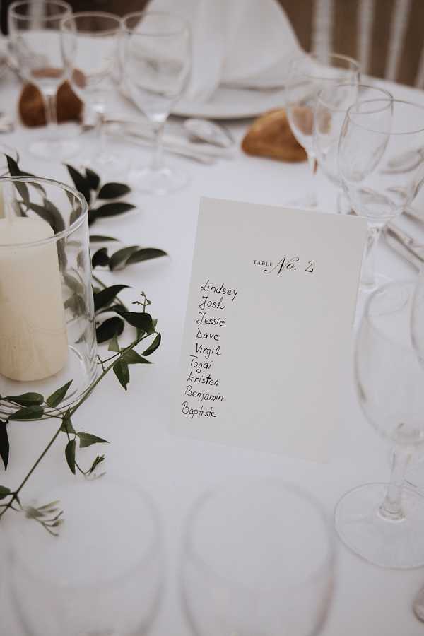 Close-up detail shot of a wedding reception table set with a white linen tablecloth, clear glassware including wine and champagne flutes, and silver cutlery. A handwritten table number card reading 'Table No. 2' lists nine guest names in informal script. The centerpiece consists of a clear glass hurricane vase holding a large white pillar candle, accompanied by a loose trailing green foliage stem. The overall decor palette is minimal and monochromatic — white, clear, and green — with a clean, modern aesthetic. Tan leather or suede napkin rings are visible in the background place settings.