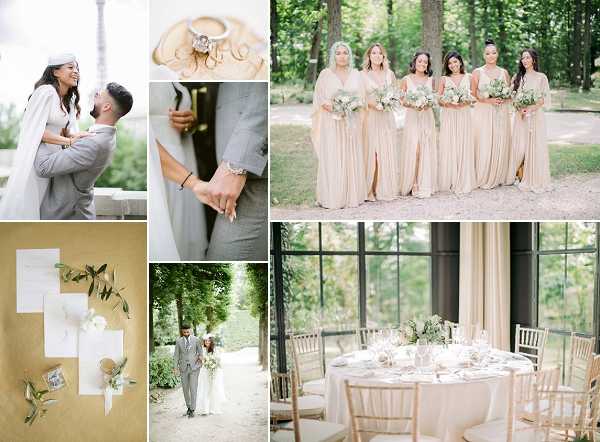 A six-image collage showcasing a wedding with a neutral champagne, ivory, and sage green color palette. Top left shows the groom in a light grey suit lifting the bride, who wears a white gown and long white cape or veil, on an outdoor terrace. Top center is a close-up detail of a diamond engagement ring resting on wedding bands. Center left is a close-up portrait of the couple holding hands, the groom in a grey suit with a bracelet visible. Right panel features five bridesmaids in floor-length champagne/nude draped gowns holding bouquets of white flowers and greenery, posed outdoors in a wooded garden setting. Bottom left is a flat lay of white stationery suite with olive branch greenery, a white floral boutonniere, and small decorative elements arranged on a gold surface. Bottom center shows the couple walking together in a tree-lined outdoor path, wide portrait shot. Bottom right shows a round reception table set with ivory linens, gold chiavari chairs, low centerpieces of white flowers and greenery, and glassware, inside a glass-walled venue with floor-to-ceiling windows overlooking greenery.